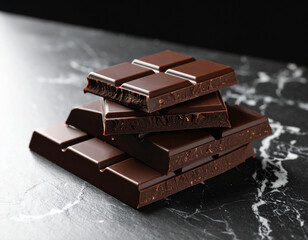 Rich dark chocolate squares stacked elegantly, showcasing their glossy surfaces that reflect light beautifully. This indulgent treat invites sense of luxury and delight