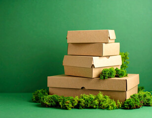 Eco friendly recyclable packaging stacked elegantly on vibrant green background, surrounded by lush moss, creating harmonious and sustainable aesthetic
