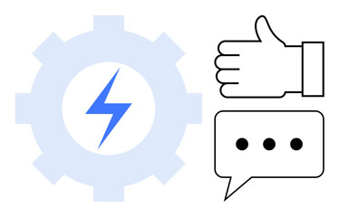 Gear with central lightning bolt, thumbs-up icon, and speech bubble highlighting feedback, communication, and efficiency. Ideal for automation, energy, productivity, teamwork communication tech