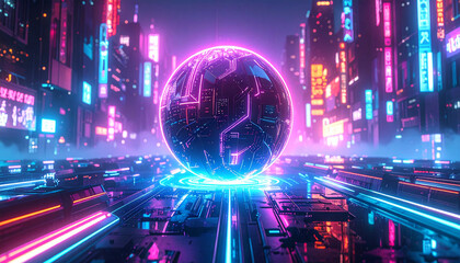 Symmetrical AI Core Sphere Suspended in Liquid Metal. AI themed Background. Generated Image