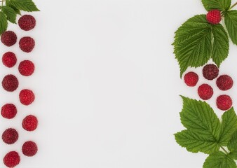Ripe Raspberries with Green Leaves in Symmetric Composition on White Background