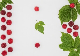 Ripe Raspberries with Green Leaves in Symmetric Composition on White Background