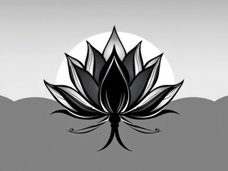 Black lotus silhouette on gray gradient background, suitable for meditation, yoga, or minimalist graphic designs. Generative AI