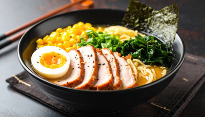 Steaming bowl of rich pork infused ramen adorned with soft boiled egg, vibrant corn, and fresh greens, creating delightful and satisfying meal experience