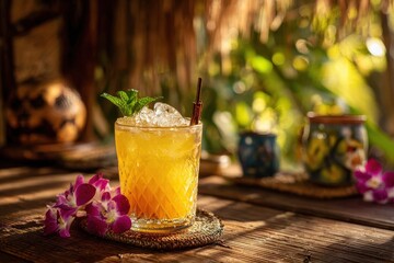A tasty mai tai drink in a tropical tiki bar