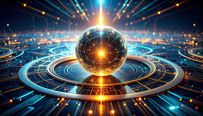 Symmetrical AI Core Sphere Suspended in Liquid Metal. AI themed Background. Generated Image