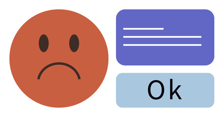 Red sad face represents negativity or error, with text panel alongside Ok button for minimal action response. Ideal for communication, feedback, interface design, reaction, mood, pop-up, minimal flat