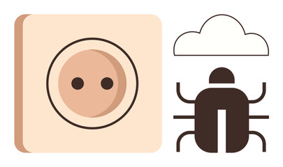 Minimalist plug socket, bug, cloud visualizing cybersecurity threats, power issues, data breaches, hacking, cloud services, privacy challenges. Ideal for technology failure simple flat metaphor