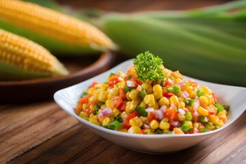 Thai style spicy corn salad in a white bowl with raw corn behind a popular dish
