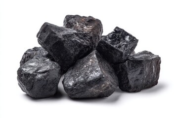 Obraz premium Isolated collection of natural black coal pieces on a white background including anthracite raw nuggets and graphite