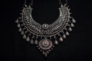 Exotic silver necklace displayed against a dark backdrop featuring elements from Indian Arab African and Egyptian cultures Tribal jewelry for belly dance costumes