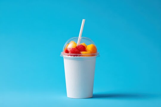 A disposable styrofoam cup with a lid and straw holds a smoothie made of organic strawberries raspberries and mango