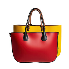 A vibrant red and yellow tote bag with two leather handles, a structured shape, and a smaller yellow compartment at the top