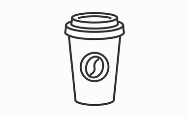 Simple black and white line art illustration of a disposable coffee cup with a coffee bean logo