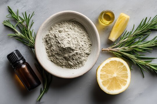 Making a DIY skincare mask with natural components clay rosemary lemon essential oil recipe reminder