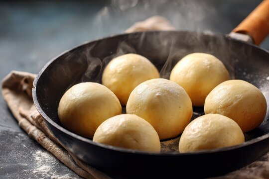 Unbaked yeast dough balls in a frying pan ideal for making bread buns or cinnamon rolls