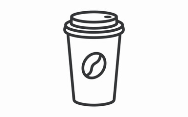 Simple black line art icon of a coffee cup with a coffee bean logo