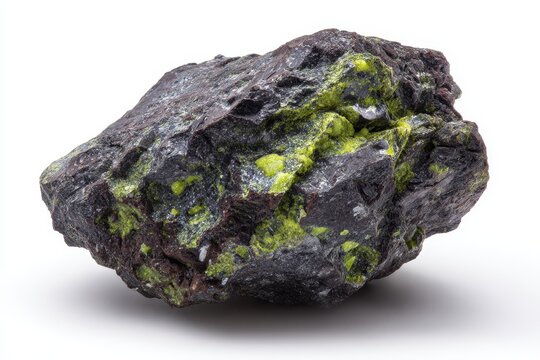 Australian uranium ore pitchblende with uranophane on a white backdrop