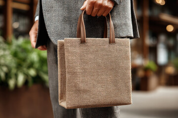 Professional businessman holding stylish jute tote bag with leather handles urban office setting with natural light promoting.
