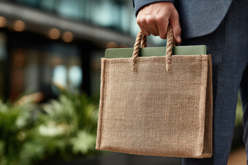Professional businessman holding stylish jute tote bag with documents in modern office environment with natural light.
