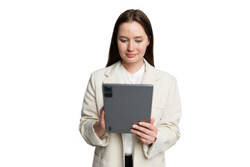 Fototapeta premium Engaging professional woman in white coat interacts with tablet, showcasing modern technology in a bright environment