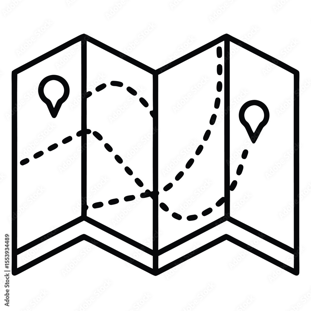 Poster simple line art icon of a folded map with a route highlighted in black and white