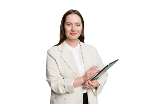 Confident professional woman presenting digital solution while standing in a bright, minimalist workspace during a daytime meeting