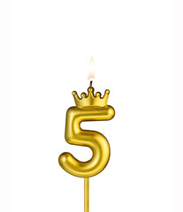 Golden candle with crown number 5 - White background