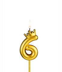 Golden number 6 birthday candle on white background