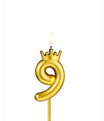 Golden candle with crown number 9 - White background