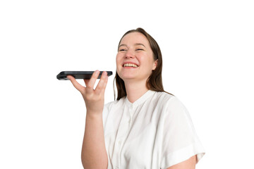 Fototapeta premium Smiling young woman enjoys a joyful conversation on her smartphone, radiating happiness in a bright and cheerful setting
