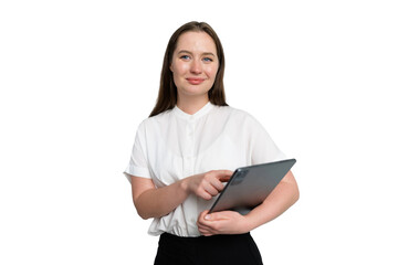 Fototapeta premium Young woman engaging with tablet while smiling in a bright, minimalistic setting during the afternoon