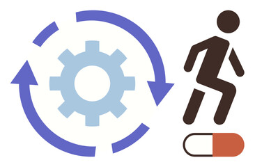 Cogwheel and cycle arrows denote process or mechanism. Human figure near a pill signifies healthcare themes. Ideal for wellness, fitness, healthcare, recovery, treatment, process, progress concepts
