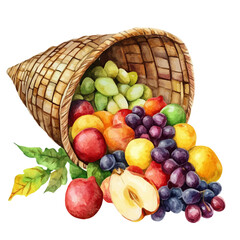 Cornucopia Spilling Fruits, watercolor drawing vector, isolated on a white background.