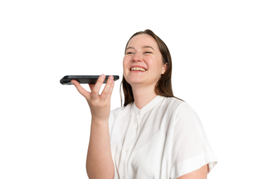 Smiling young woman enjoys a joyful conversation on her smartphone, radiating happiness in a bright and cheerful setting