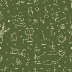 Duochrome doodle seamless pattern with elements related to comfort and home. Set of a cozy home for banners, textiles and packaging.
