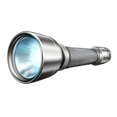 Sleek, metallic flashlight with a bright, focused beam, textured grip, and a powerful LED light source