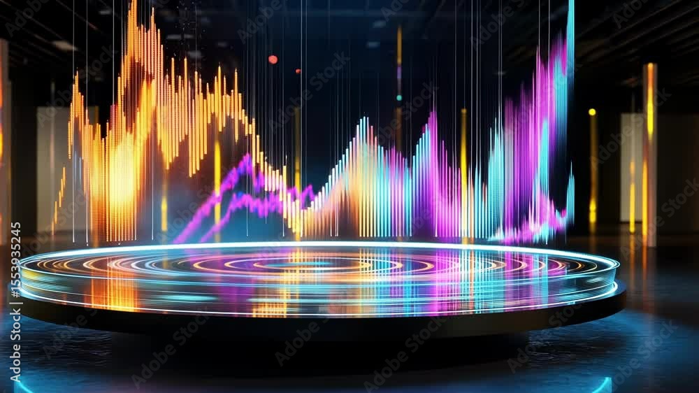 Aufkleber glowing charts and graphs hover above a circular platform, creating an immersive data visualization 