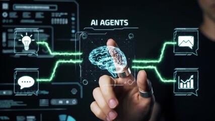 Artificial intelligence concept with AI agents and data analytics dashboard. Man working on laptop with futuristic interface for big data, machine learning, automation, and innovation. - Powered by Adobe