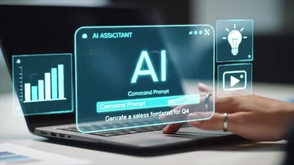 A user interacts with innovative AI tools on a laptop within a contemporary workspace. The technology is displayed on a sleek interface, illustrating the capabilities of artificial intelligence - Powered by Adobe