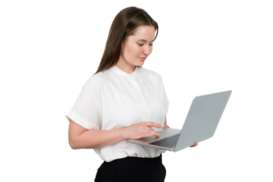 Professional woman focused on her laptop, working diligently in a minimalist  - Powered by Adobe
