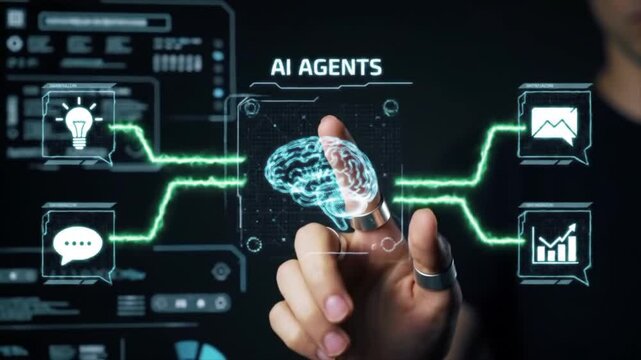 Artificial intelligence concept with AI agents and data analytics dashboard. Man working on laptop with futuristic interface for big data, machine learning, automation, and innovation.