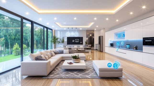 Sophisticated smart home living room featuring cutting edge technology solutions