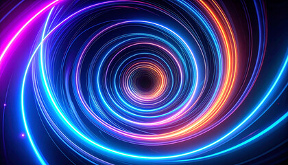 Vibrant neon spirals converge into a dark central void, creating a hypnotic, energetic, and abstract composition with glowing trails and concentric circles
