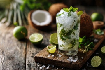 Fototapeta premium Coconut mojito drink on wood surface shallow focus