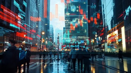 Immersive data visualization of financial market trends and stock prices projected onto skyscrapers in a bustling city street at night, blending finance with urban life - Powered by Adobe