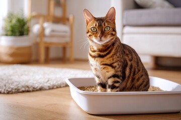 Fototapeta na wymiar A compliant Bengal cat rests in a litter box indoors Potty training your animal