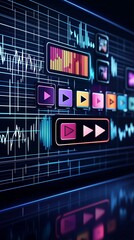 Analyzing digital music production techniques studio environment graphic display audio visuals modern technology