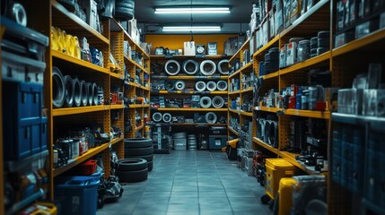 Immersive automotive parts warehouse interior with neatly stocked shelving units