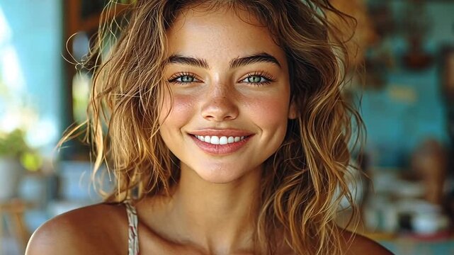 Young woman smiling in a bright, cozy caf? setting